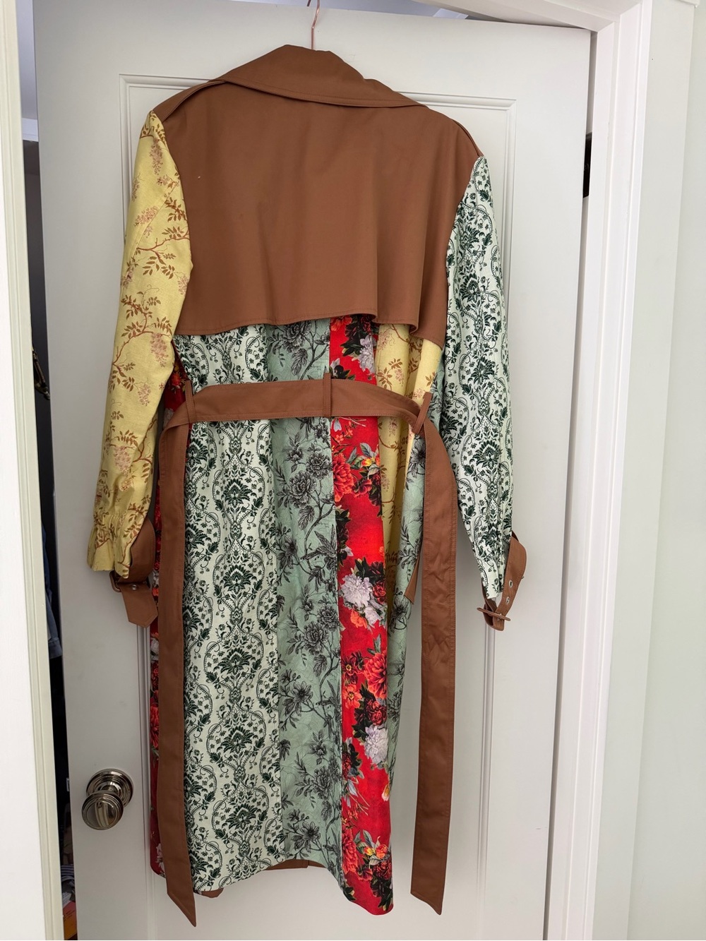 Alice + Olivia Brown Patchwork Floral Trench Coat with Red and Yellow Panels - Picture 9 of 9